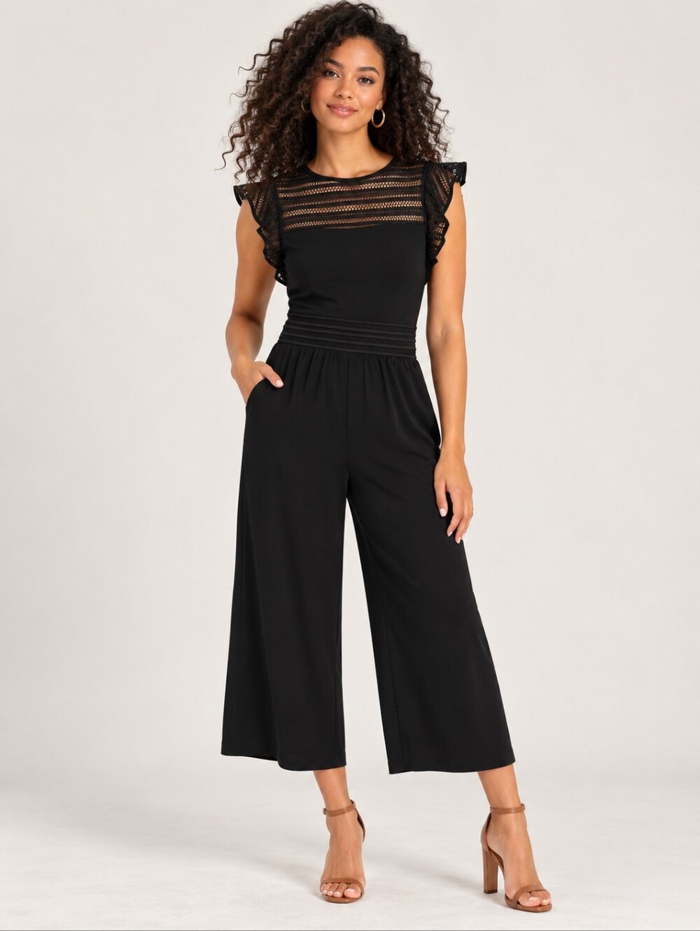 ❤️ MICHAEL MICHAEL KORS STRETCH CREPE WIDE LEG CROP JUMPSUIT, FLUTTER SLEEVE, S